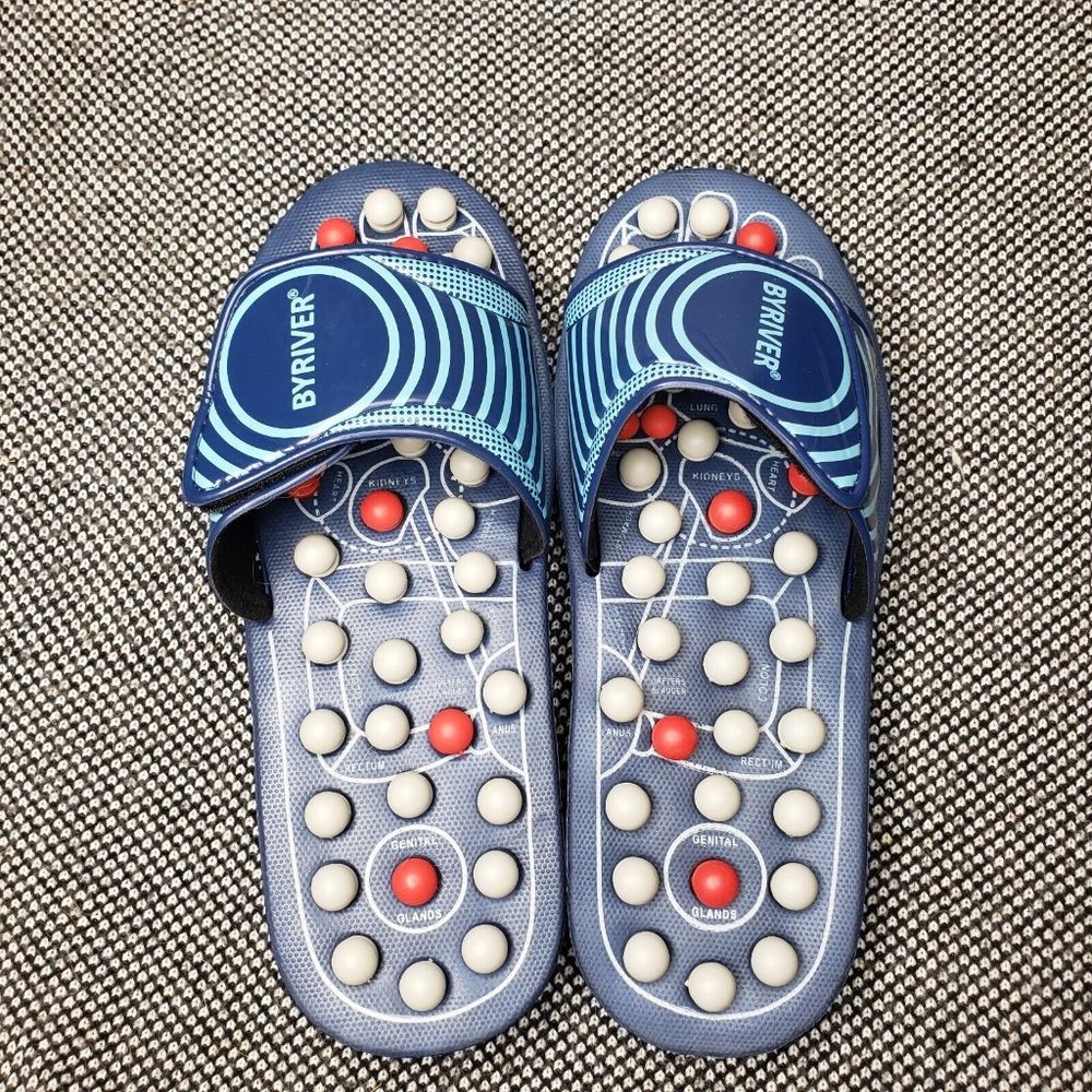 ByRiver Foot Massage Slide Sandals Unisex Large 26 cm  Adjustable Strap Blue